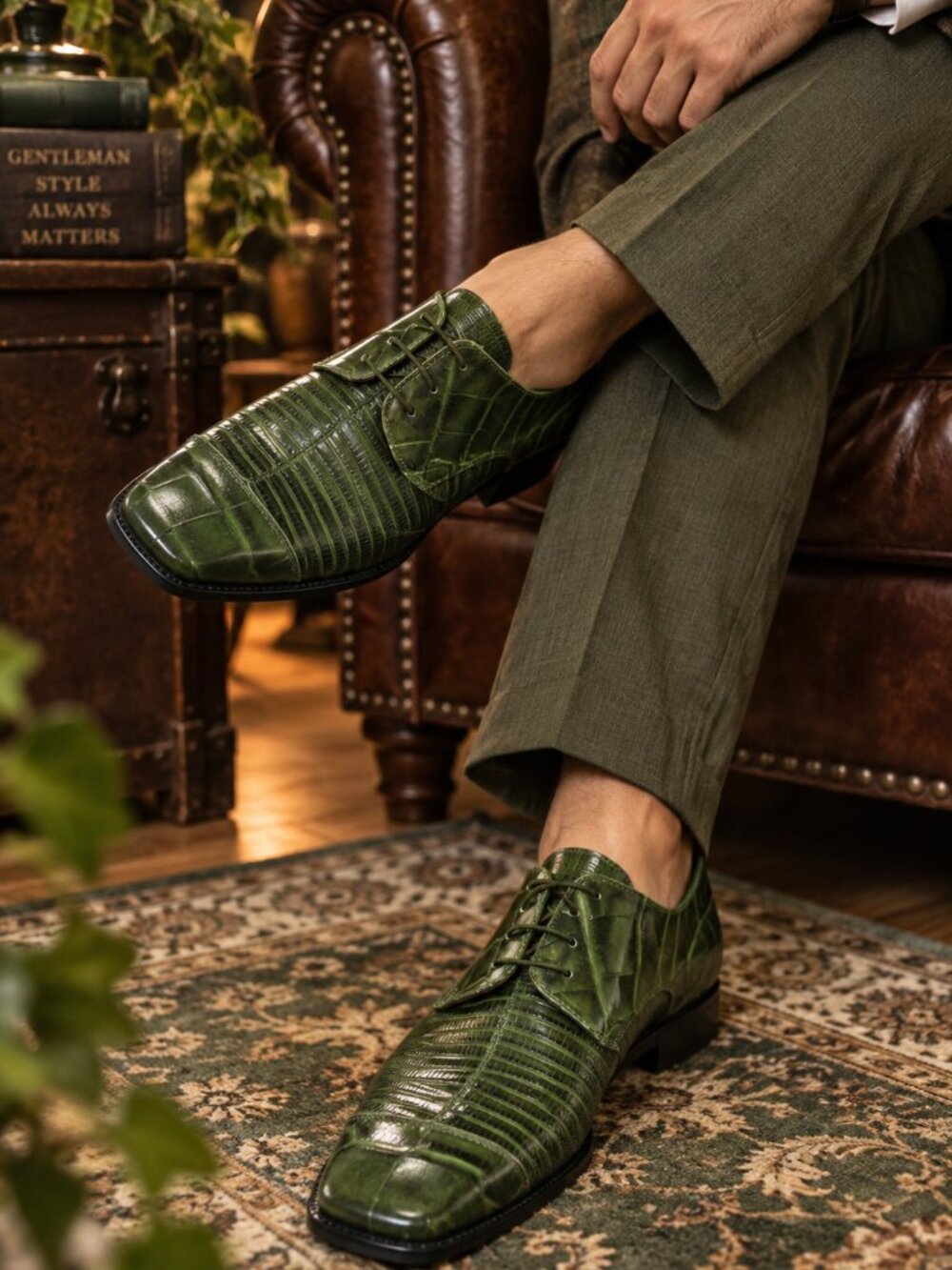 Liberty Zeno Men’s Green Croc Leather Oxford Dress Shoes Size 10